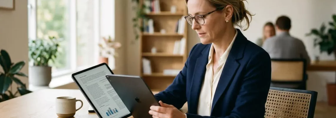 Professionnel consultant un document numérique sur tablette dans un bureau épuré, lumière naturelle, ambiance sobre et concentrée
