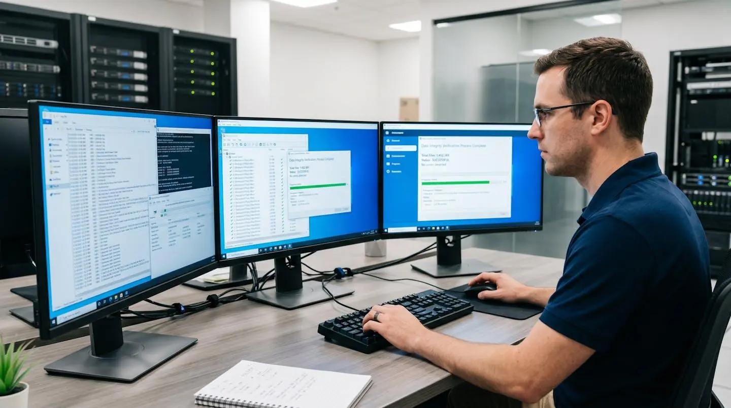 Administrateur système vérifiant l'intégrité des données restaurées sur plusieurs écrans de monitoring dans un environnement IT professionnel