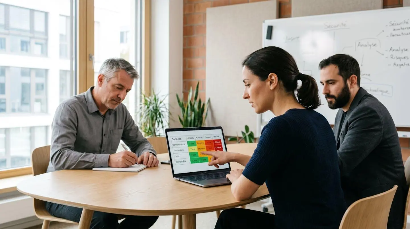 Équipe de consultants IT analysant une matrice de criticité des données lors d'une session de travail collaborative pour audit de sauvegarde