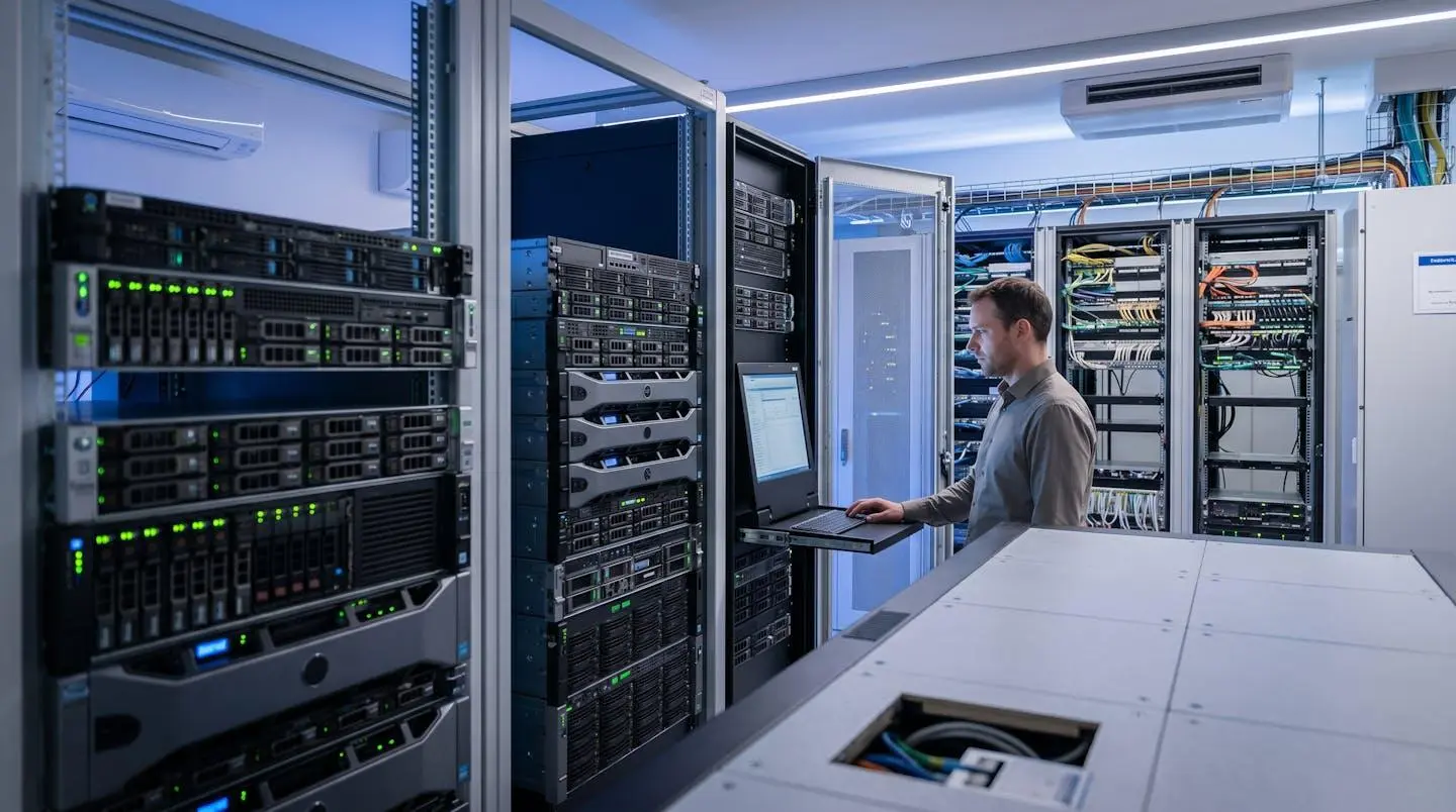 Salle serveur professionnelle avec baies de stockage de données et technicien IT consultant un écran de monitoring dans un datacenter luxembourgeois moderne