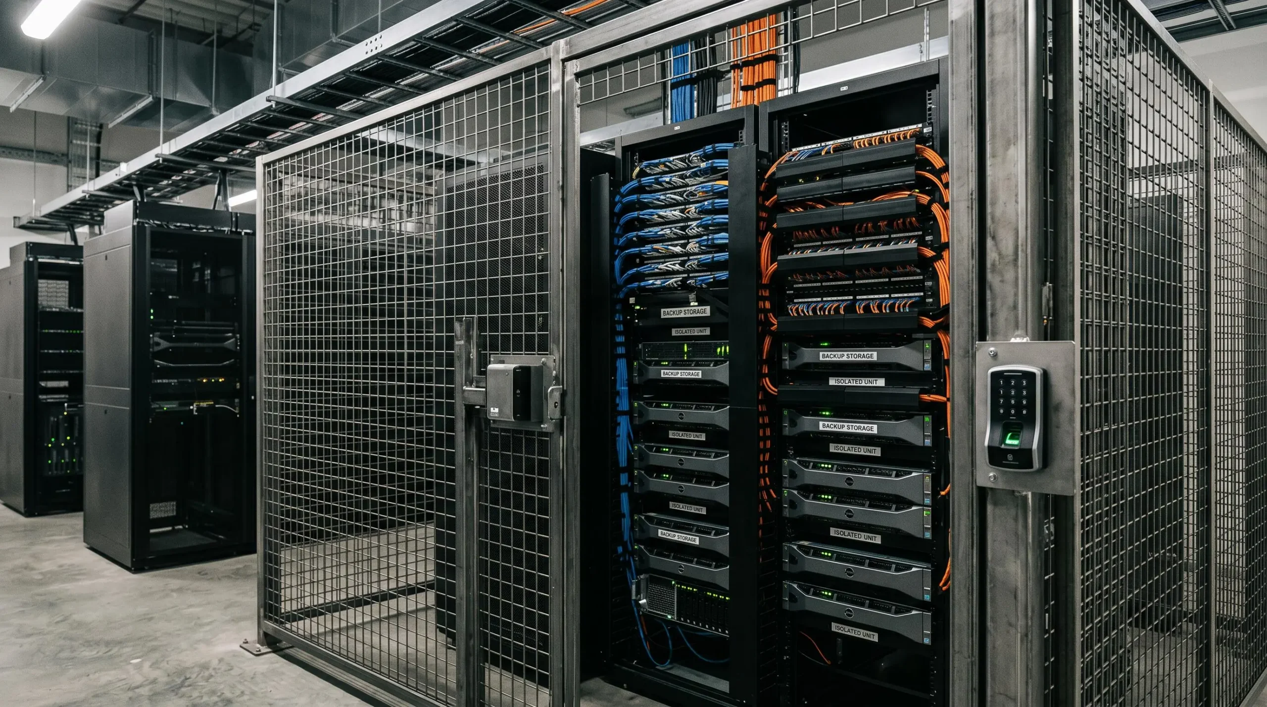 Salle technique montrant des systèmes de stockage de sauvegarde séparés avec câblage organisé et mesures de sécurité physique