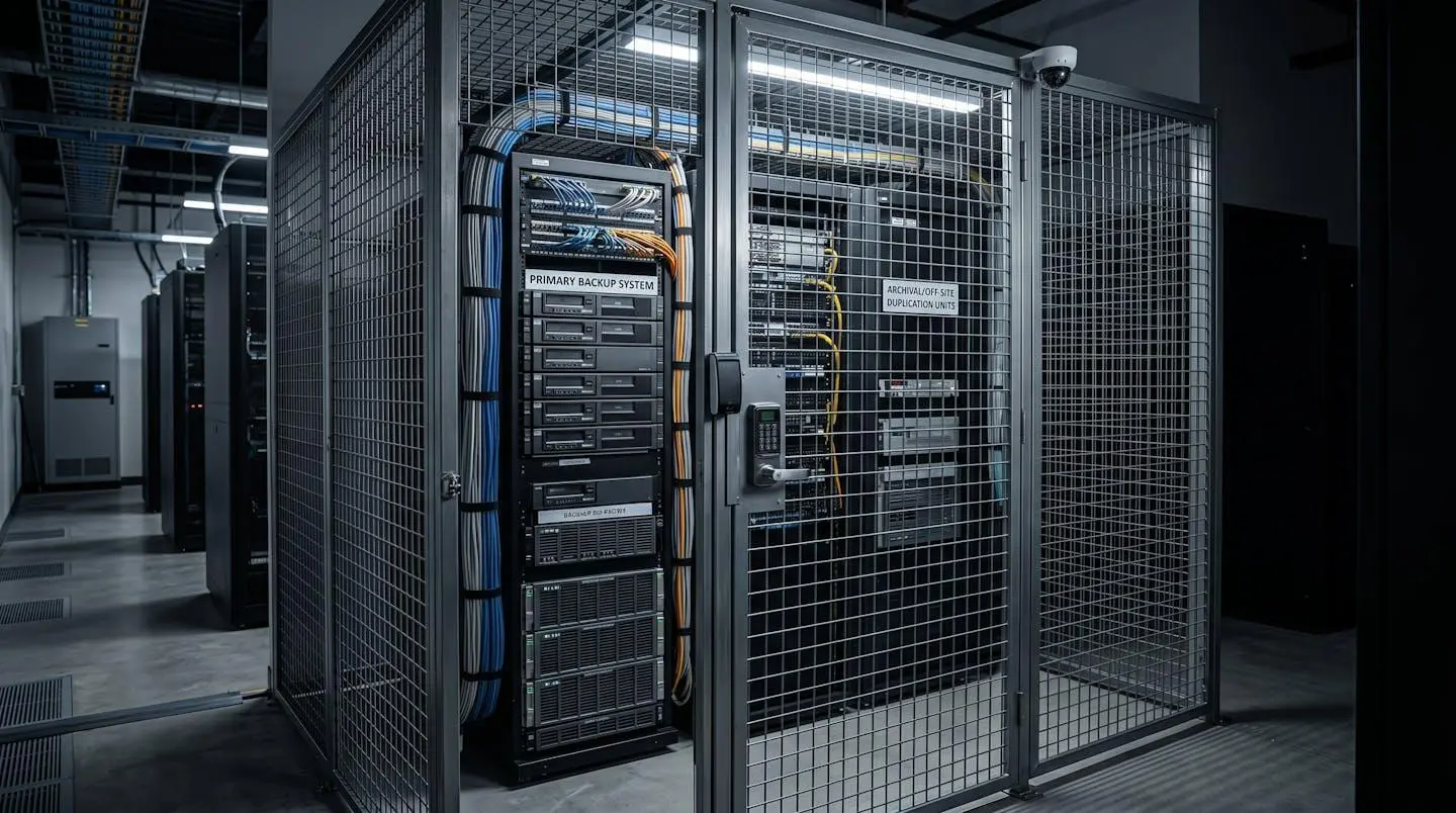 Salle technique montrant des systèmes de stockage de sauvegarde séparés avec câblage organisé et mesures de sécurité physique