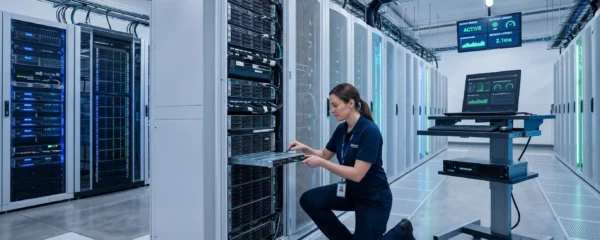 Technicien effectuant la maintenance d'un système de sauvegarde dans un centre de données moderne avec baies de serveurs et équipements de stockage