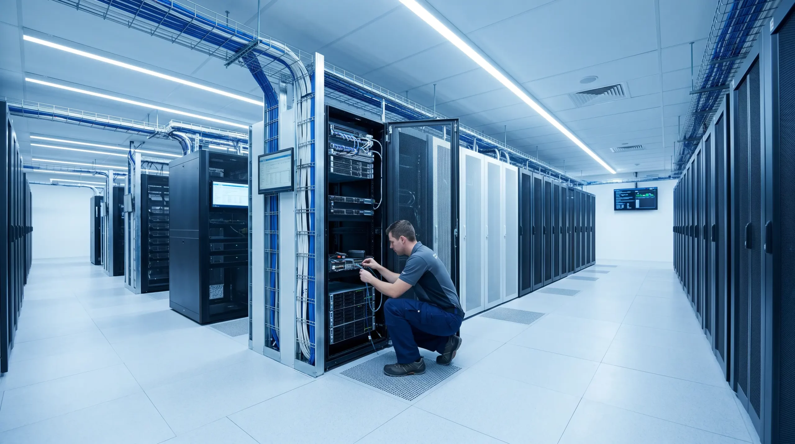 Technicien effectuant la maintenance d'un système de sauvegarde dans un centre de données moderne avec baies de serveurs et équipements de stockage